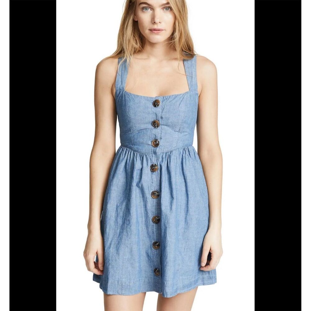 Free People Carolina Chambray Skirtall Pinafore Mini Dress Blue Size 6 Casual